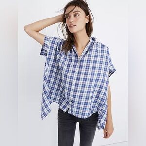 Madewell blue and white plaid short sleeve button down open back shirt. Size S
